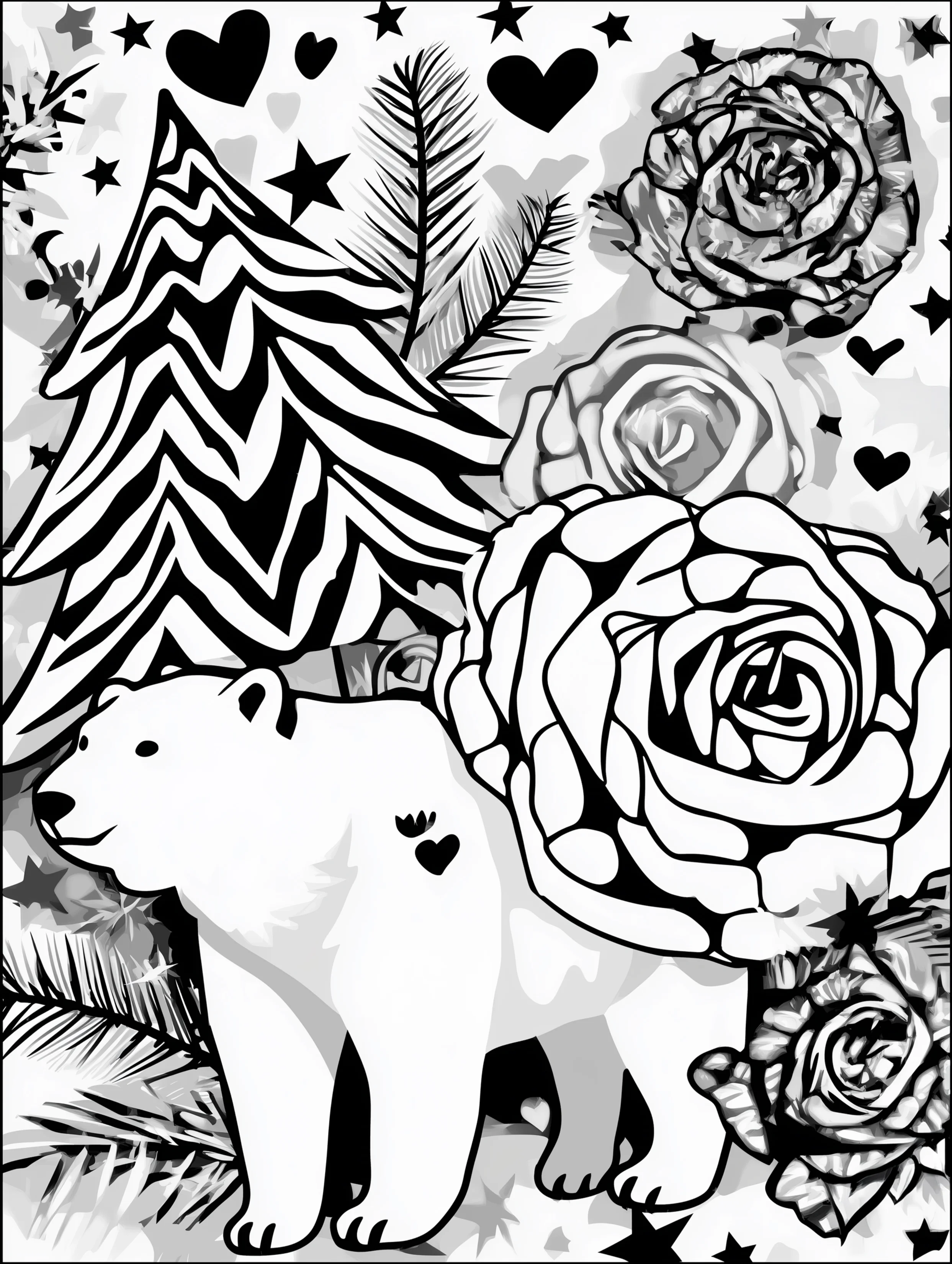 Free printable bear coloring book page featuring a polar bear with a pine tree